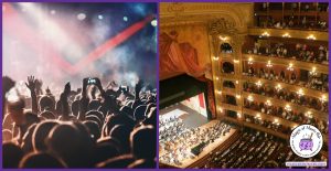 Split image showing two types of concerts: a loud, energetic crowd at a pop or rock concert with raised hands and cell phones, contrasted with a formal classical orchestra performance in a grand concert hall with seated audience members.