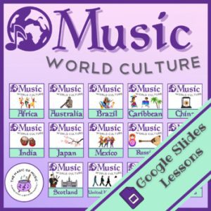 This image showcases the Music in World Culture GROWING Bundle cover image. The image showcases different products featured within the bundle including Africa, Australia, Brazil, The Caribbean, China, India, Japan, Mexico, Russia, Scotland and the United States of America.