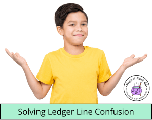 Confused child in a yellow shirt with hands up, symbolizing confusion about ledger line notes. Title reads 'Solving Ledger Line Confusion.