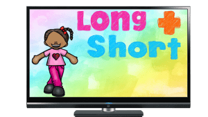 The projector shows an image of a long and short sounds music lesson for K-1 elementary music students. Access for for free by joining the Chamber of Freebies.