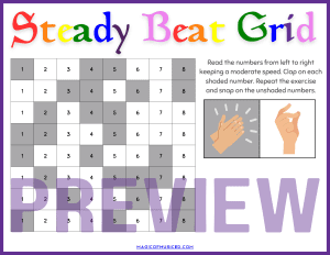 Image shows a preview of a steady beat grid activity which can be used by music teachers to teach steady beat, rhythm and timing in elementary music.