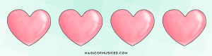 Image shows four pink steady beat hearts to be used as a visual aid for music teachers to teach rhythm and timing in elementary music.