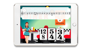 The image displays a Boom Learning music game on an iPad. In the activity, students view an excerpt of music and determine the correct time signature in order to time travel through the various decades and themes.