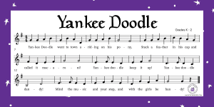 This image shows the vocal melody of Yankee Doodle notated in the key of G major. This is an excellent song for reinforcing steady beat for rhythm and timing in grades K-1.