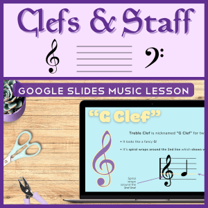 Promotional image for a Google Slides lesson on note reading in elementary music lessons, featuring treble and bass clefs on a music staff. A laptop screen shows a slide explaining the “G Clef,” designed to help young learners read notes. The image uses purple and mint colors with classroom tools on a wooden desk background.