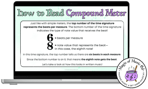 A laptop screen displays an educational slide titled "How to Read Compound Meter." The slide explains the 6/8 time signature, breaking down how the top number represents beats per measure and the bottom number indicates the note value that gets the beat. The background features a soft pastel green with a whimsical font, and the Magic of Music Ed logo is in the bottom right corner.