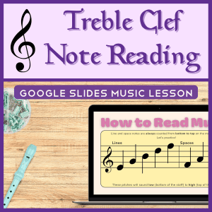 Treble Clef Note Reading Google Slides lesson image for elementary music lessons. The graphic features a pastel purple and mint green theme with a treble clef symbol and a laptop displaying a visual aid for note reading on the music staff, highlighting lines and spaces in treble clef.