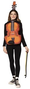 Music teacher wearing a violin costume with a printed wooden instrument design and scroll hat, holding a bow as a creative Halloween outfit.