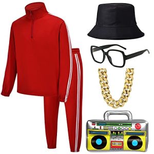Hip-hop inspired Halloween costume set for music teachers featuring a red tracksuit, gold chain, bucket hat, oversized glasses, and inflatable boombox.