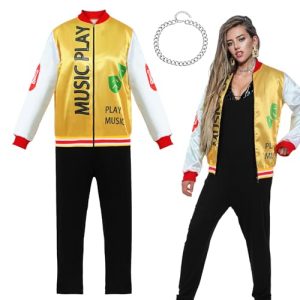 Music teacher wearing a gold and white “Music Play” jacket with black pants and silver accessories for a stylish Halloween costume.