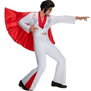 Music teacher dressed as Elvis Presley in a white jumpsuit with a red cape and sunglasses, striking a performance pose for Halloween.