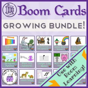 Boom Cards growing TPT bundle for elementary music with interactive activities on note values, tempo, dynamics, and key signatures.