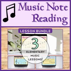 Music Note Reading TPT Bundle with 3 elementary music lessons for teaching treble clef, ledger lines, and note names on the staff.