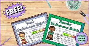 Two colorful music performance assessment rubrics—one for vocal performance and one for recorder—displayed on a wooden desk with classroom supplies, highlighting free assessment tools for music teachers.